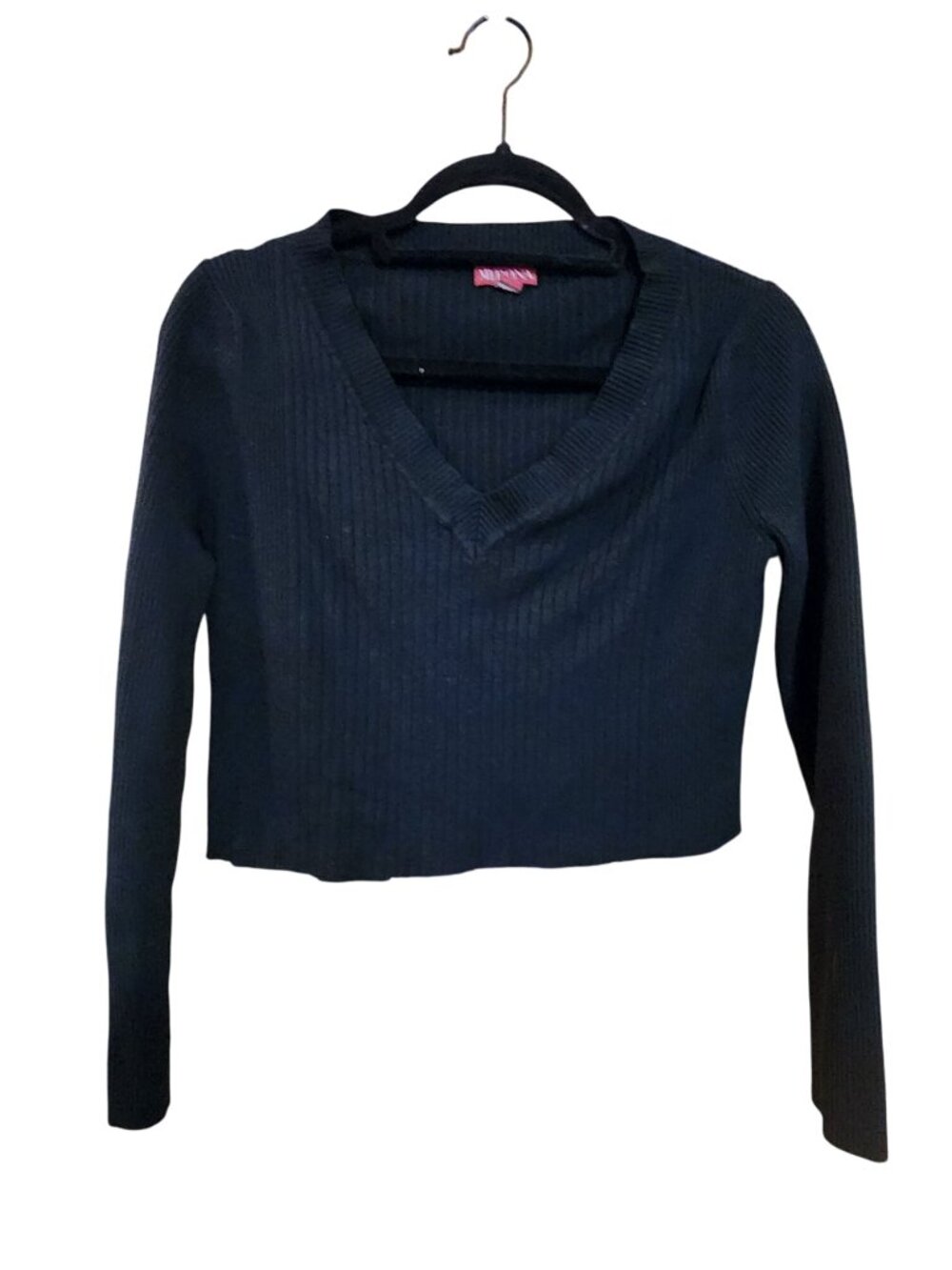 Black Ribbed Long Sleeve V-Neck Cropped Sweater By Merona Size L